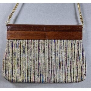 Saddle River Wood Handle Purse Metallic Clutch Crossbody Vintage‎ Boho 80s 90s